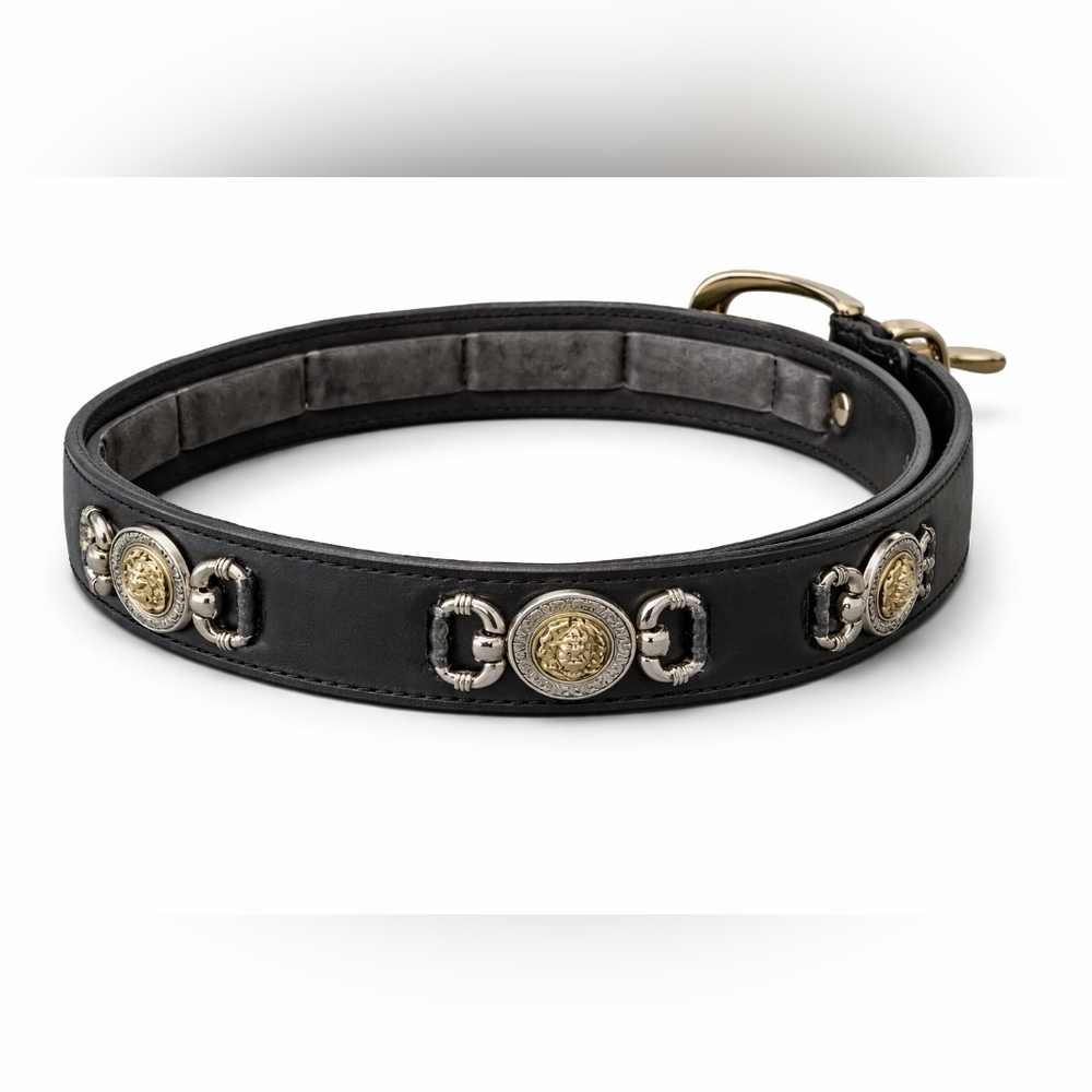 Vintage Black Leather Belt with Gold Medallion Accents